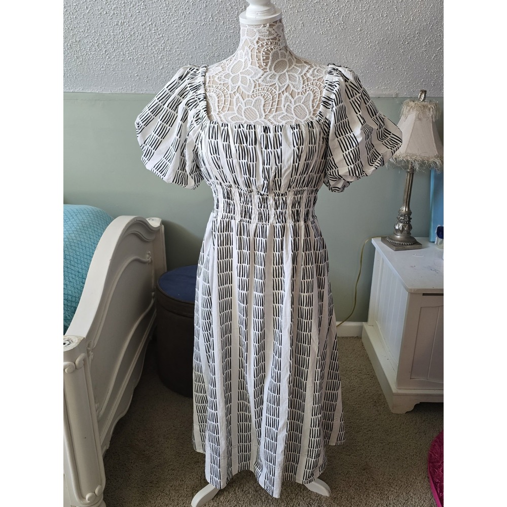 Maeve By Anthropology Black And White Geometric  Print Midi Dress Large-NWT